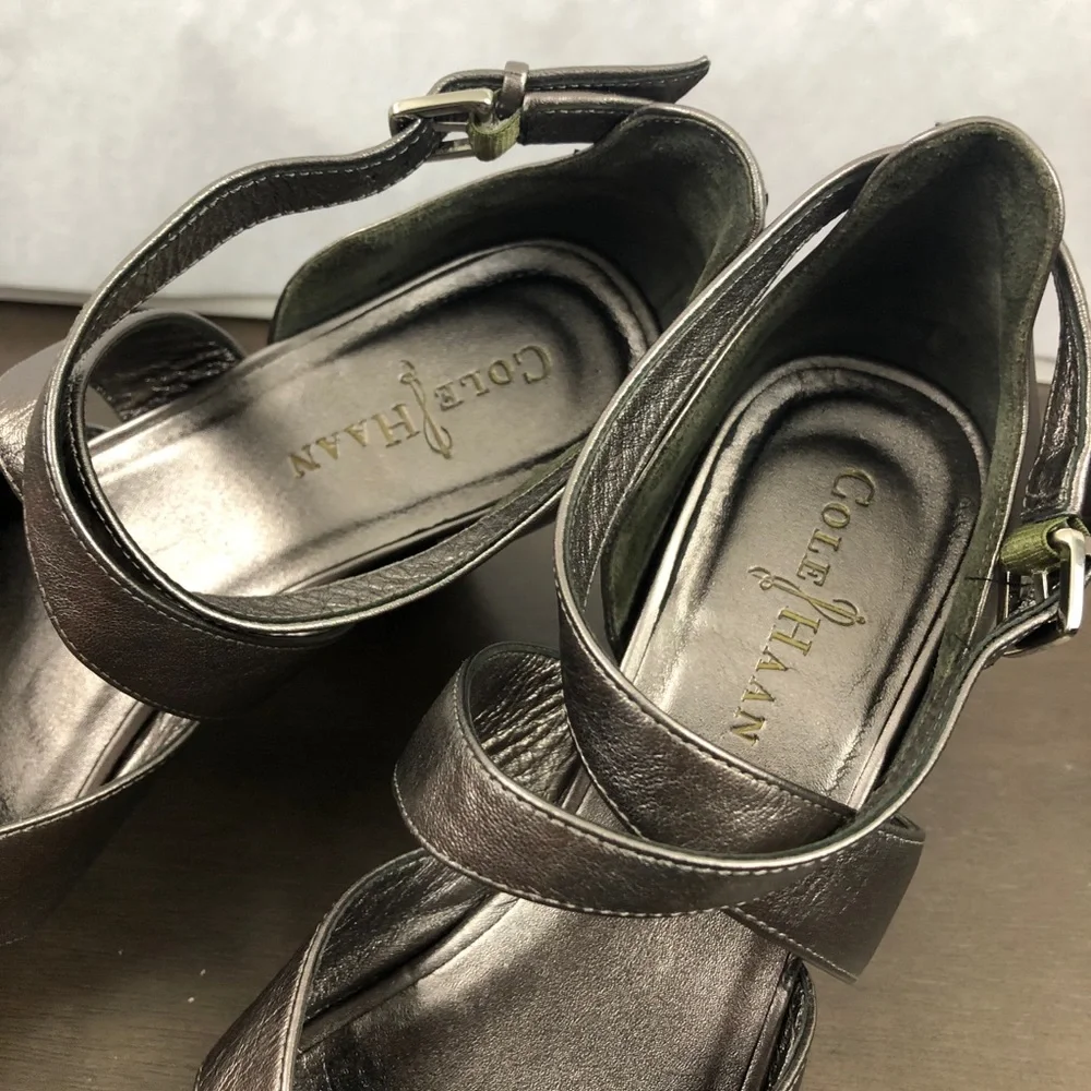 Cole Haan Metallic Pewter Leather Espadrille Wedge Sandals